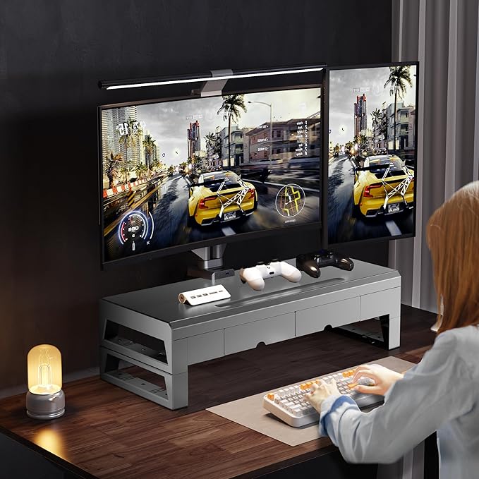 Computer monitor stand with 2 drawer ,Laptop Desk Shelf & Monitor Riser 21.6 inches long desk riser Monitors/PC/Laptop/Computer Space Saver Organizer ,Heavy Duty Gift Gaming Studio Offic (Basic Version, 500mm Drawer)