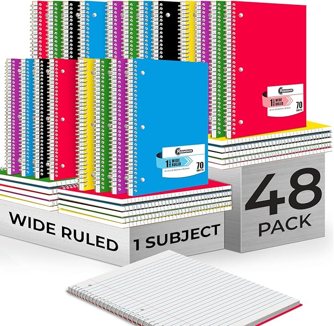 50 Pack, 1 Subject Spiral Notebook Wide Ruled Bulk, 140 Pages (70 Sheets), Thick No-Bleed Paper, 8 x 10-1/2", 3 Hole Punched, 1 Subject Spiral Notebook Bulk, Bulk Subject Notebook