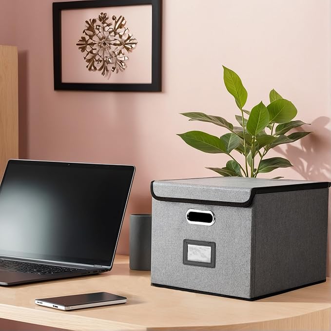 File Organizer Box with Lid, Collapsible File Folder with Plastic Slide for Office/Decor/Home, Hanging Office Document Storage, 14.96 x 12.6 x 10.83 inch,1 pack - without folders,Gray