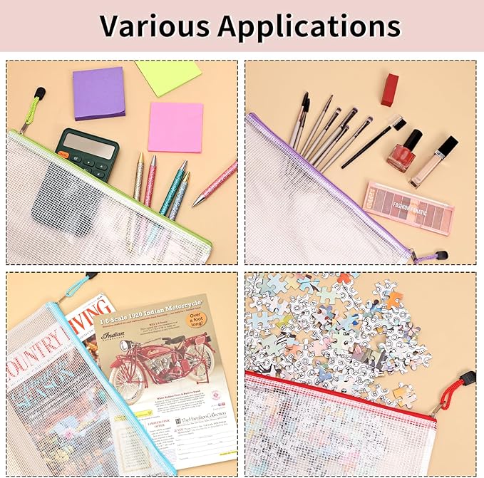 EOOUT 72pcs Mesh Zipper Pouch, A4 Size, 12 Colors Zipper Bags for Organizing Storage, Waterproof Puzzle Bag, Zipper File Bags for Board Games and School Office Supplies