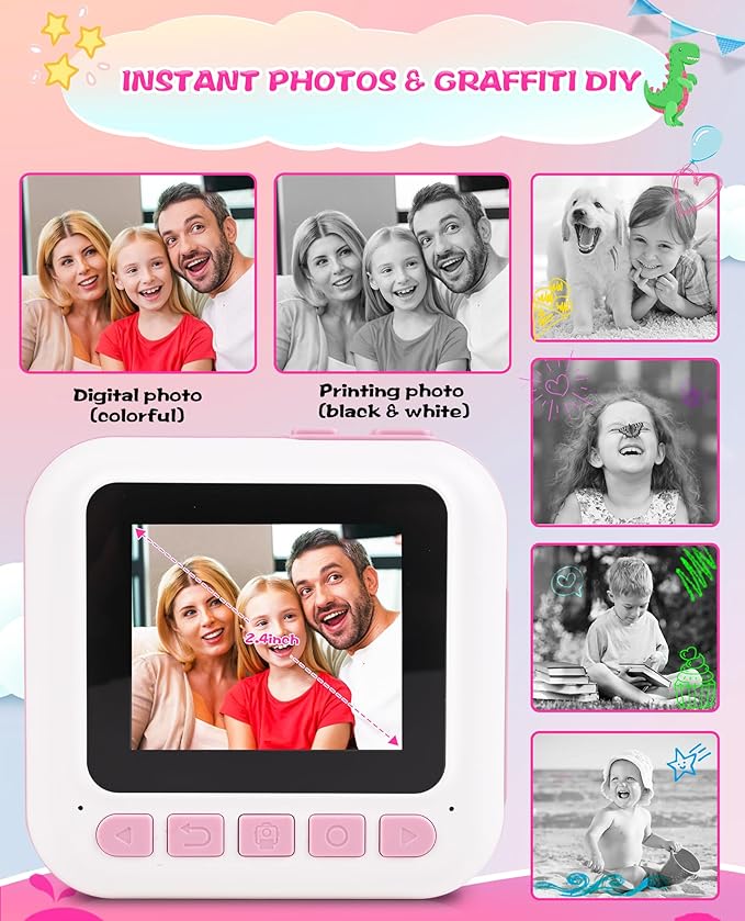Kids Instant Print Camera, Upgrade Digital Camera for Toddlers Ages 3-12, 1080P HD Video Recorder with 32GB SD Card, 2.4" Screen, Birthday Gifts for 6-10 Year Old Girls Boys