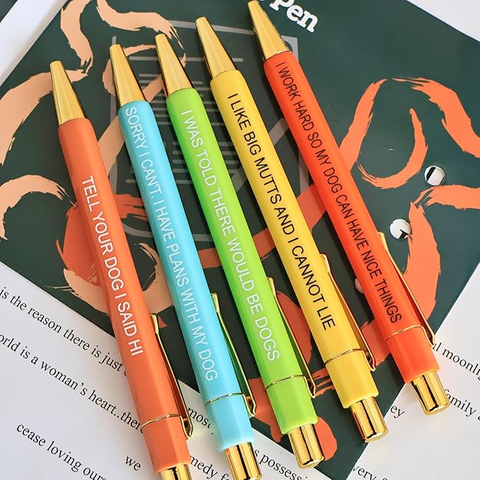 Jxueych Funny Pens, 5-Count Black Ink Medium Nib 1.0mm, Funny Office Gifts for Coworkers, Personalized Pens Vibrant Quotes Swear Word Daily Pen Set (Dog Fans)