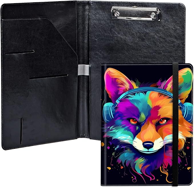 Fox Wearing Headphones PU Leather Padfolio Clipboard Notepad with Pen Loop and Elastic Strap Interview/Resume Document Organizer for Business School Office