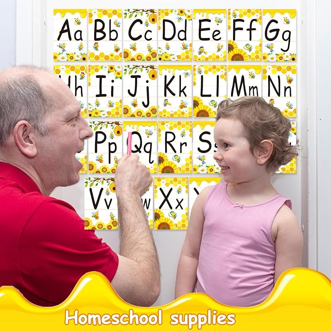 Alphabet Letters for Wall - Bee Themed ABC Poster Classroom Wall Alphabet Preschool English Poster Kindergarten Elementary Classroom Wall Decor Nursery Home School Supplies