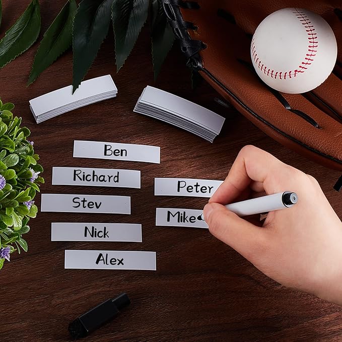 Deekin 60 Pack 2.36 x 0.51 Inches Magnetic Baseball Lineup Board Tabs White Magnetic Dry Erase Labels Write Wipe Magnet Strip for Dugout Name Tags Softball Line up Board Clipboard Calendar Home Office