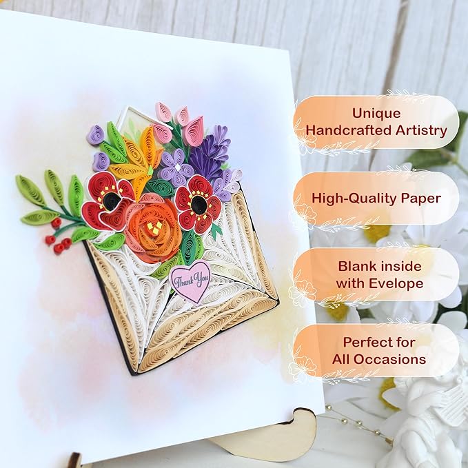 KingKraft Thank You Card, Handmade Colorful Greeting Card, Gratitude Artful Quilling Card for Mom, Sister, Friend, Teacher with Envelope Blank Inside