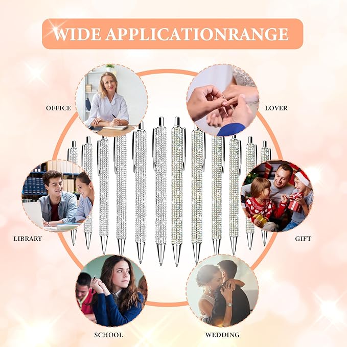 12Pcs Rhinestone Metal Ballpoint Pens Bling Pens Bulk Fancy Sparkly Crystal Diamond Pens Press Retractable Black Ink 0.7mm For Women Office Meeting Birthday Supplies Wedding Gifts(2colors)