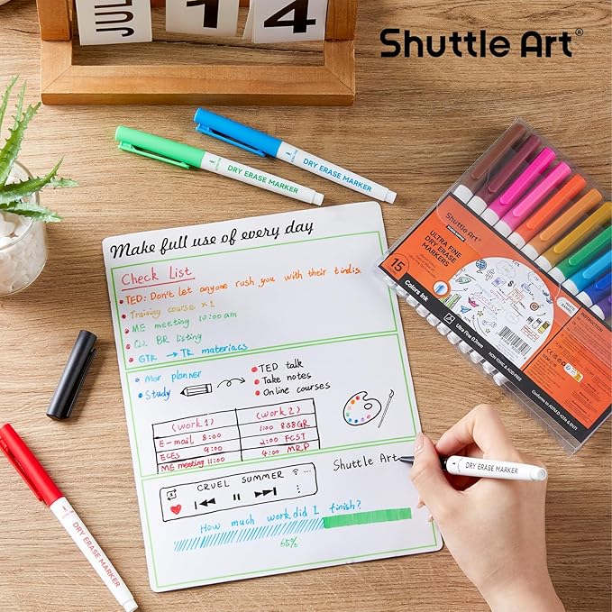 Shuttle Art Ultra Fine Dry Erase Markers, 15 Colors Whiteboard Markers with Erase, Dry Erase Markers Perfect For Writing on Whiteboards, Dry-Erase Boards,Mirrors for School Office Home