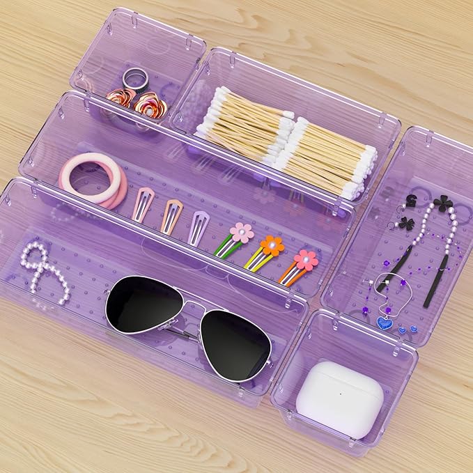 WOWBOX 12 Pack Clear Drawer Organizer Set, Acrylic Drawer Storage Trays, Storage Bins for Makeup, Cosmetics, Jewelries, Utensils, Gadgets, Office, Purple