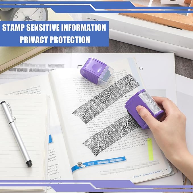 Nezyo 2 Pack Identity Protection Roller Stamp Identity Theft Stamp Confidential Roller Stamp Privacy Stamp Information Blocker Stamp and 4 Pack Refill Ink for ID Account Data Address Security (Purple)