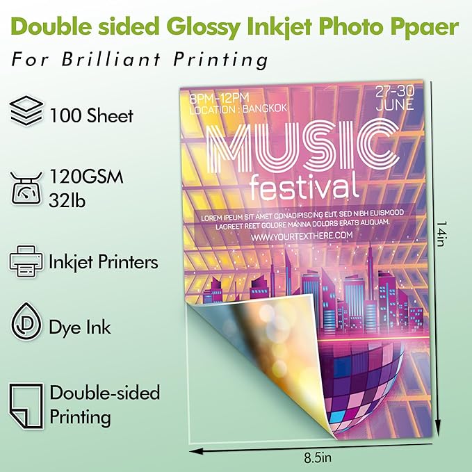 Koala Double Side Thin Glossy Photo Paper 8.5x14 Inches Legal Size 120gsm 100 Sheets Compatible with Inkjet Printer and Dye Ink 32LB