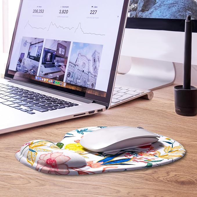 JIKIOU Mouse Pad, 2 Pack Ergonomic Mouse Pads with Comfortable Gel Wrist Rest Support and Lycra Cloth, Non-Slip PU Base for Easy Typing Pain Relief Durable and Easy to Clean Small White Flowers