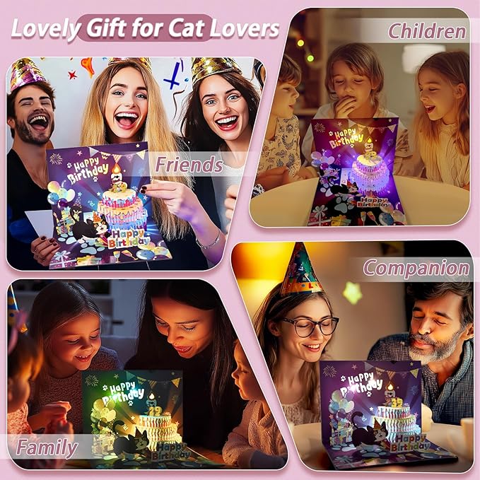 OBSEDE 3D Musical Pop Up Cat Birthday Cards for Women Men Light Blowable LED Candle Happy Funny Cake Colorful Greeting Cute Singing Gifts for Mom Dad Wife Husband Daughter Son Lovers with DIY Numbers