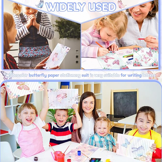 TaoBary 160 Packs Stationery Paper Set (50 Double Sided Stationery Writing Papers 50 Matching Envelopes) 60 Round Dot Sticker, 10 Design(Watercolor Butterfly,8.5 x 11 Inch)