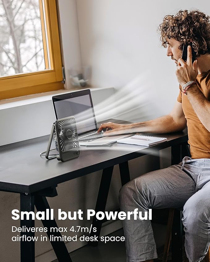 Koonie USB Desk Fan, Strong Wind Ultra Quiet Small Personal Fan with 180° Tilt Folding and 3 Speeds Adjustable, USB-C Corded Powered Mini USB Fan for Office Desktop Bedroom, 5in