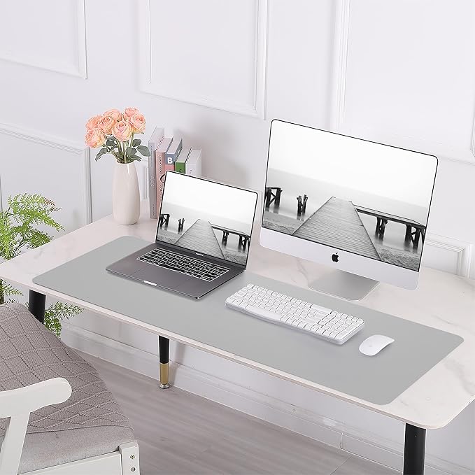 Desk Mat,35.4" x 17" Leather Desk mat,Double-Sided Desk Pad,Desk matt for Desktop,Large Mouse Pad,Office Desk mat,Waterproof Desk Blotter pad for Office&Home(Light Grey+Cork)