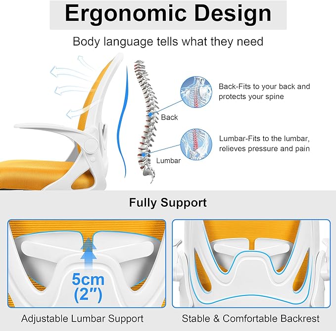 Primy Drafting Chair Tall Office Chair with Flip-up Armrests Executive Ergonomic Computer Standing Desk Chair with Lumbar Support and Adjustable Footrest Ring(Yellow)