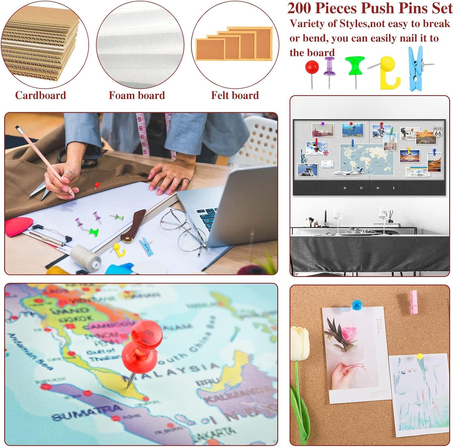 200 Pieces Push Pins Set, Thumb Tacks Multicolor Pushpin Clips Decorative Push Pins for Cork Board, 5 Style for Bulletin Boards Wall Maps Pictures Office Home Supplies