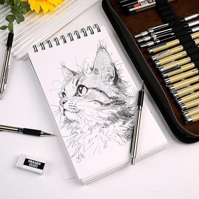 Nicpro 58 PCS Art Drawing Supplies Kit in Leather Case, Art Mechanical Pencil Set with 6 Metal Drafting Pencil 0.5 & 0.7 & 0.9 & 2mm, 12 Micron Pen, Sketch Book, 30 Tube Lead Refills for Sketching