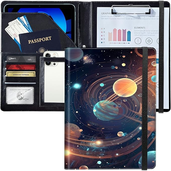 PU Leather Padfolio Folder Clipboard Portfolios Organizer Conference Document Organizer with Business Card Holder Storage Clipboard Writing Pad,Starry Night Moons Sun