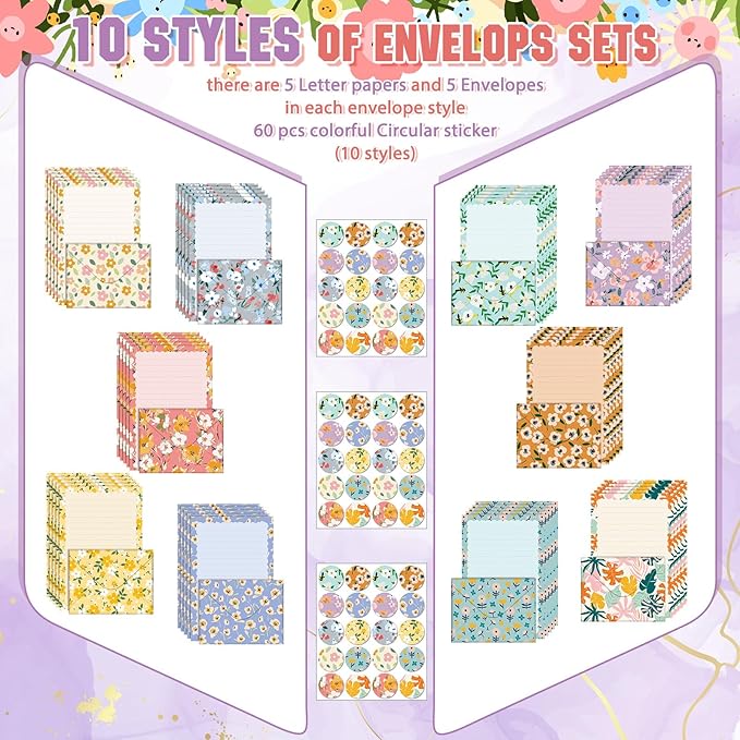 TaoBary 160 Packs Stationery Paper Set (50 Double Sided Stationery Writing Papers 50 Matching Envelopes) 60 Round Dot Sticker, 10 Design(Kawaii,5.5 x 8.25 Inch)