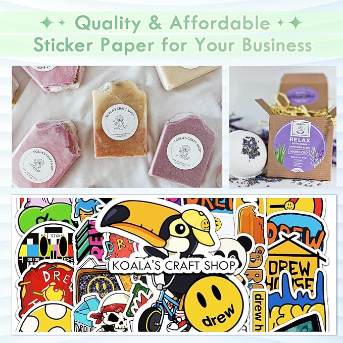 Koala Printable Vinyl Sticker Paper for Inkjet Printer - 100 Sheets Sticker Printer Paper Matte White, Waterproof Sticker Paper 8.5x11 Inch, Work with Cutting Machine