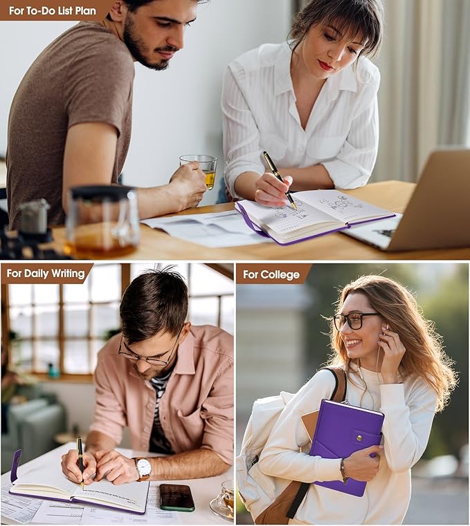 Purple A5 Lined Leather Journal Notebook for Men Women,5.9" X 8.4" Personalized Hardcover Journal with Pen,200 Pages 100 Gsm Thick Ruled Paper Daily Diary for Travel,Business,Work,Writing