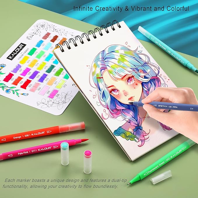 Kalour 72 Colors Art Markers Pens,Dual Tip (Brush and Fine Point),Color Number and Color Name,Art Marker for Coloring Lettering Calligraphy Drawing Journaling,Coloring Art Gift for Adult Beginner Kids