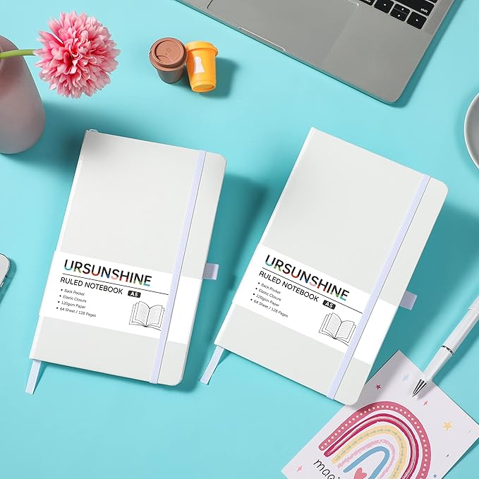 Ruled Notebook/Journal - Classic Lined Journal/Notebook, 5.3'' x 8.26'', Hardcover with Thick Paper, Banded + Pen Holder +Inner Pocket - White