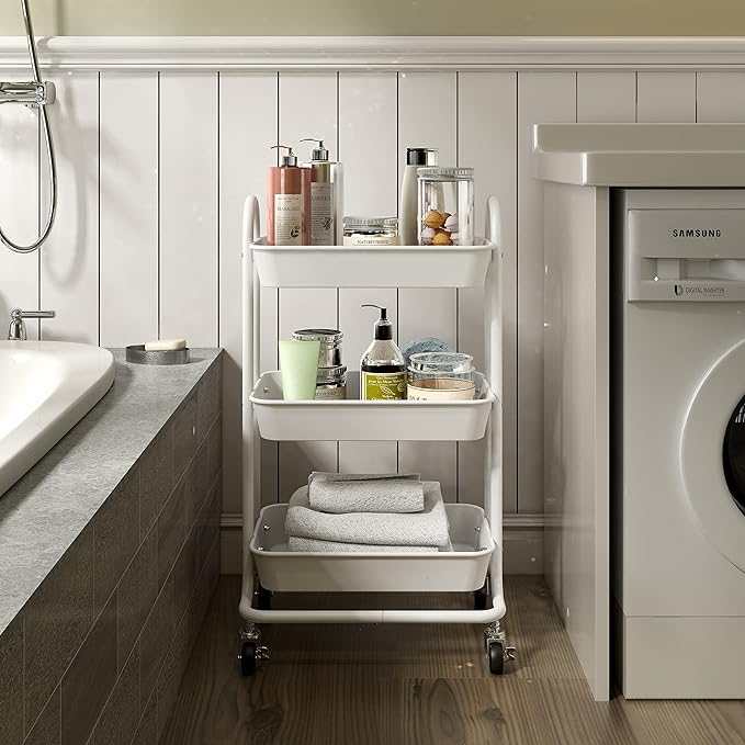 3-Tier White Utility Rolling Cart,Kitchen Storage Carts with Wheels,White Metal Rolling Cart for Office,Home,Kitchen,Garden๏ผ18"x11.4"x31.2"๏ผ