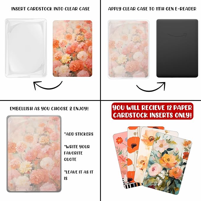 E-reader Cardstock Paper Inserts for Clear Case | 12 pk 4.88 x 6.73” inches Paper White 11th Generation 6.8" Screen Compatible Put Behind Case Colorful Floral Designs Change Out (Design Mix 9)