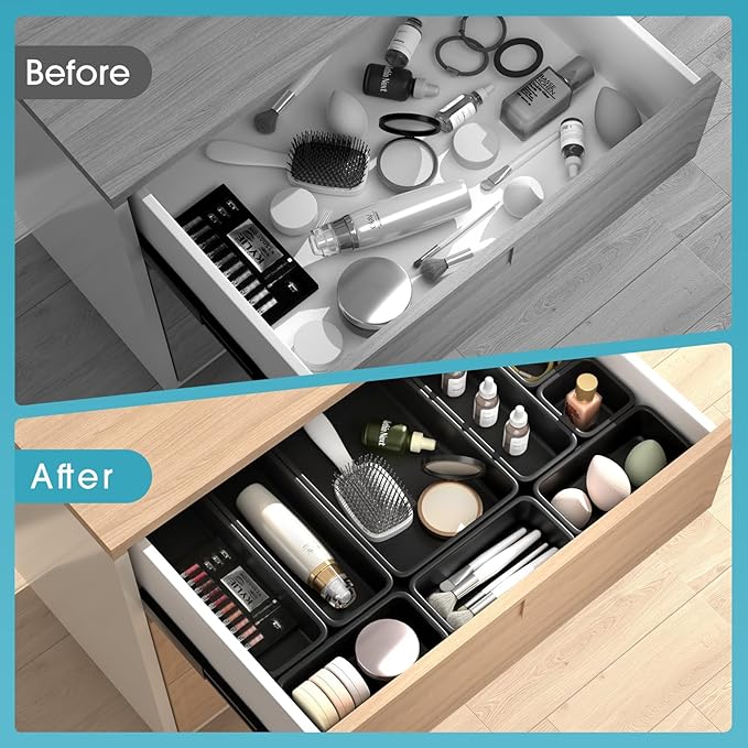 16 PCS Drawer Organizer Set, 4 Size Makeup Drawer Divider Organizer With Non-Slip Pads, Interlocking Plastic Storage Bins for Office,Jewelry Vanity,Gadgets, Bathroom,Kitchen, Black