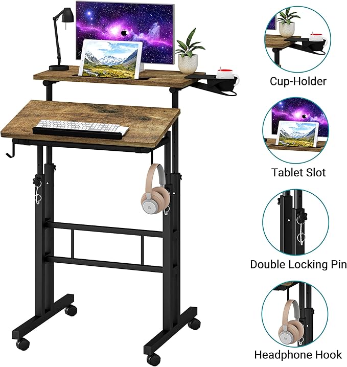 Klvied Rolling Mobile Desk with Cup Holder, Portable, Adjustable Height Small Stand up Desk on Wheels for Home Office Laptop Cart, Computer, Standing or Sitting,Oak