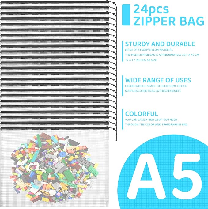 24pcs Mesh Zipper Pouch Bags, A5 9.4 x 6.9 Inches Reusable Zipper Bags Puzzle Storage Organizer Black Multipurpose for Travel Board Games Toys Office Supplies and Classroom Organization