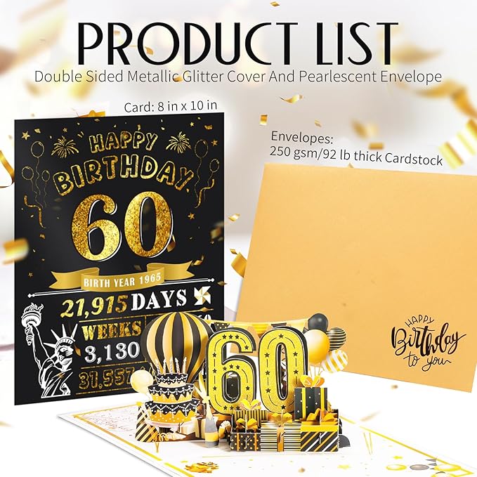 60th Birthday Card for Men Husband, Jumbo Pop Up 60 Year Old Birthday Cards for Women Men, Happy 60th Gifts for Him Her, Jumbo 60 Year Old Birth day Card, Review of 1965, Black Gold (8''x10'')