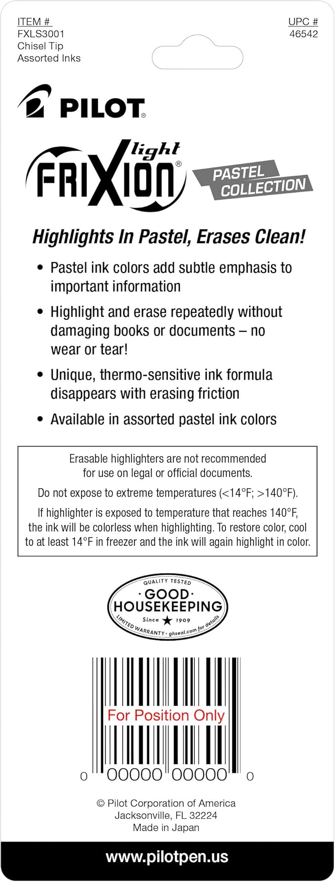 Pilot, FriXion Light Pastel Erasable Highlighters, Chisel Tip, Pack of 3, Pastel Yellow, Green & Purple