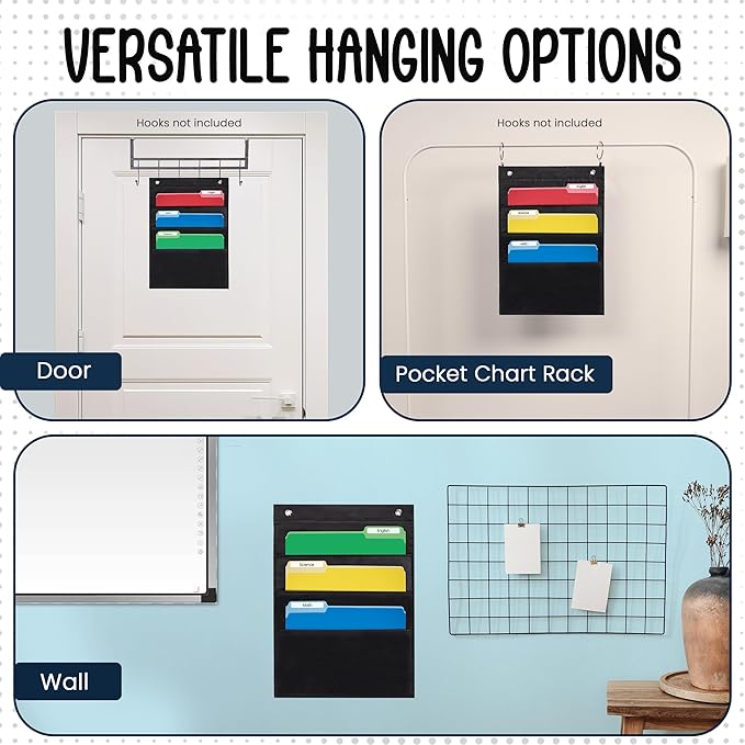 3 Pocket File Pocket Chart, Black, 14" Wide x 19.5" Tall - Versatile Wall Hanging File Folder Organizer for Classroom, Office, Home, and More - Wall Folder Organizer - 3 Pockets