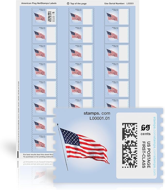 American Flag NetStamps 1200-Pack (50 Sheets) Printable Postage Labels (Stamps.com Subscription Required) - Print Approved Postage - Inkjet & Laser Printers - Business, Personal, Home