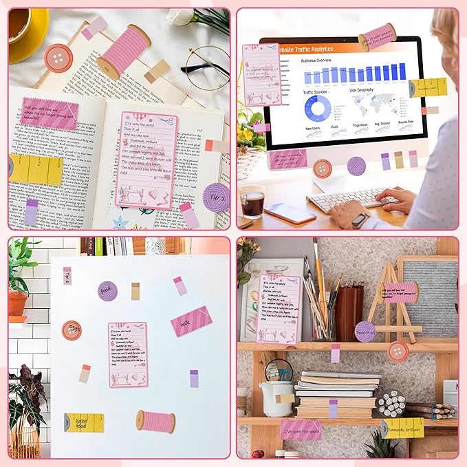 Retro Sewing Sticky Notes Set - Any Day Spent Sewing is A Good Day Self-Stick Note Pads Teacher Appreciation Notepads Writing Memo Pad Page Marker Back to School Office Supplies (Pink)