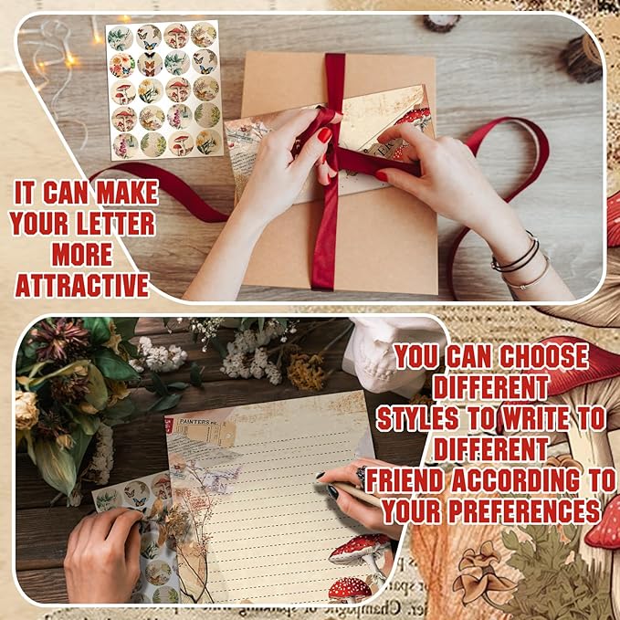 TaoBary 160 Packs Stationery Paper Set (50 Double Sided Stationery Writing Papers 50 Matching Envelopes) 60 Round Dot Sticker, 10 Design(8.5 x 11 Inch,Nature Vintage Style)