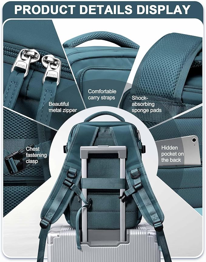 Carry On Backpack, Travel Backpack for Women Men Flight Approved, Personal Item Travel Bag for Airplanes, 14-15.6 Inch Laptop Business Backpack, Casual Daypack Gym Hiking Bakpack Peacock Blue(Small)