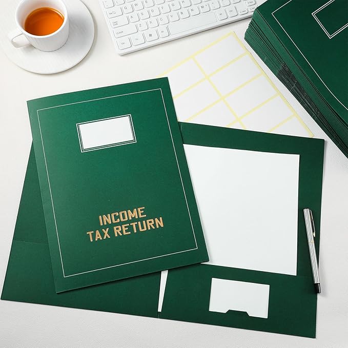 Kisston 50 Pcs Tax Return Folders Bulk 2 Pocket Gold Foil Stamped Income Tax Folders with Blank Labels Business File Office Organizer (Green)