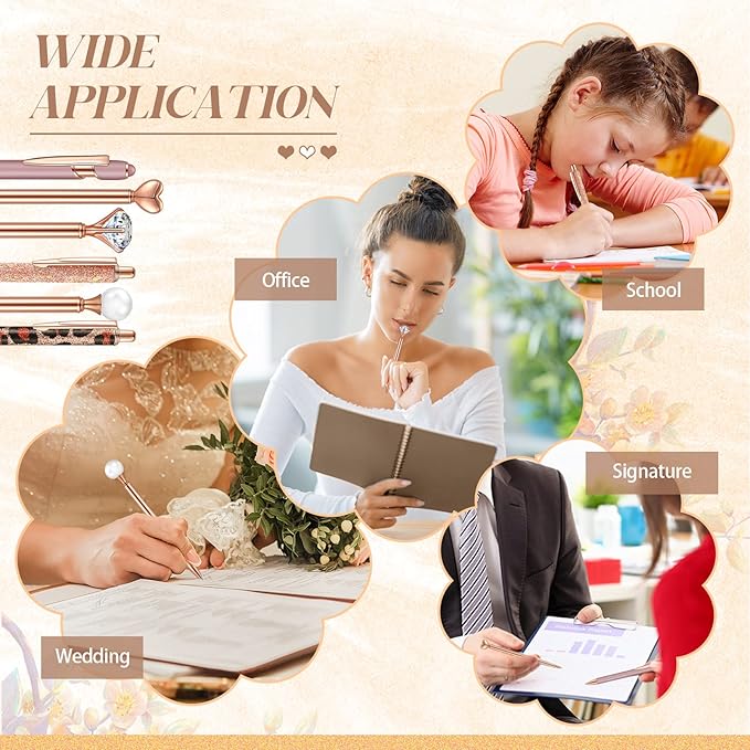 6 Pcs Ballpoint Pens Set Metal Crystal Diamond Pen for Journaling Glitter Pretty Cute Stationery Black Ink Fancy Gifts for Women Girls Teacher Office Wedding School Supplies(Rose Gold Series)