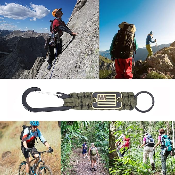 Paracord Keychain with USA Flag, Paracord Carabiner Keychain Clip, Braided Lanyard Utility Ring Hook Outdoor Camping Kit