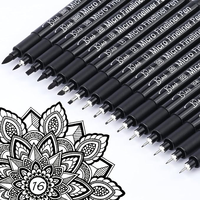 KERIFI Micro Fineliner Drawing Pens for Artists, 16 Black Fine Liner Markers, Waterproof Archival Ink Multiliner Pens, Technical Mandala Zentangle Book Accessories, Art Supplies Stuff Gifts for Adults