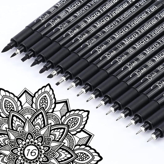 KERIFI Micro Fineliner Drawing Pens for Artists, 16 Black Fine Liner Markers, Waterproof Archival Ink Multiliner Pens, Technical Mandala Zentangle Book Accessories, Art Supplies Stuff Gifts for Adults