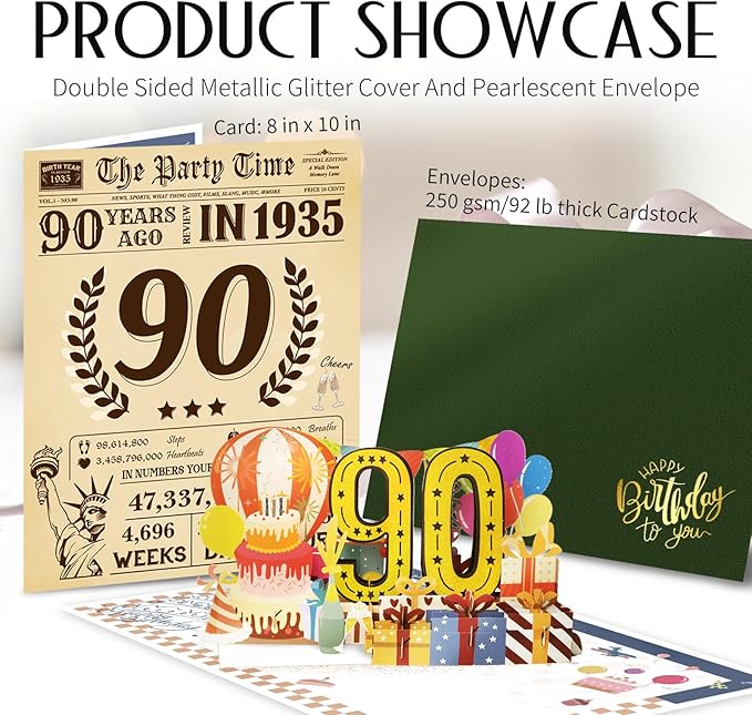 Funny 90th Birthday Card for Women Men, 3D Pop Up 90th Birthday Decorations for Her Him, Happy 90th Birthday Gifts for Grandma Grandpa, Jumbo 90 Year Old Birthday Card, Review of 1935, Classy (8"x10")