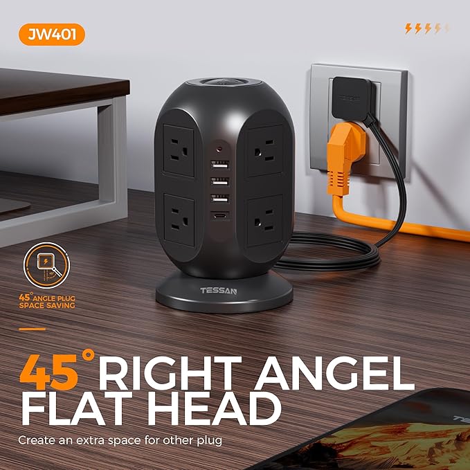 Surge Protector Power Strip Tower, TESSAN 10 ft Flat Extension Cord with Multiple Outlets, 8 AC Outlets 4 USB Ports (1 USB C), Charging Station with Surge Protection for Home Office Dorm, Black