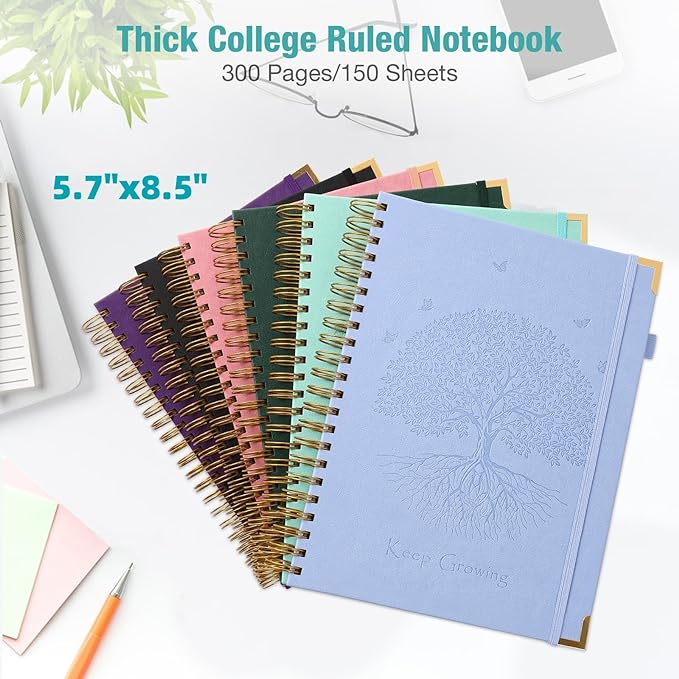 Spiral Notebook, College Ruled Notebook, A5, 300 Pages Leather Journals for Writing, 5.7" x 8.5", Hardcover Journaling Notebooks for Work School, 24pcs Tabs, Large Embossed Journal for Women Men, Teal