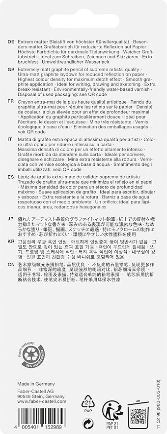 Faber-Castell Pitt Graphite Matte Pencil Set, Sketching Set of 4 Graphite Pencils and Sketching Supplies (2B, 6B, 10B, 14B), Sketching and Drawing Pencils, Pencil Sharpener and Eraser